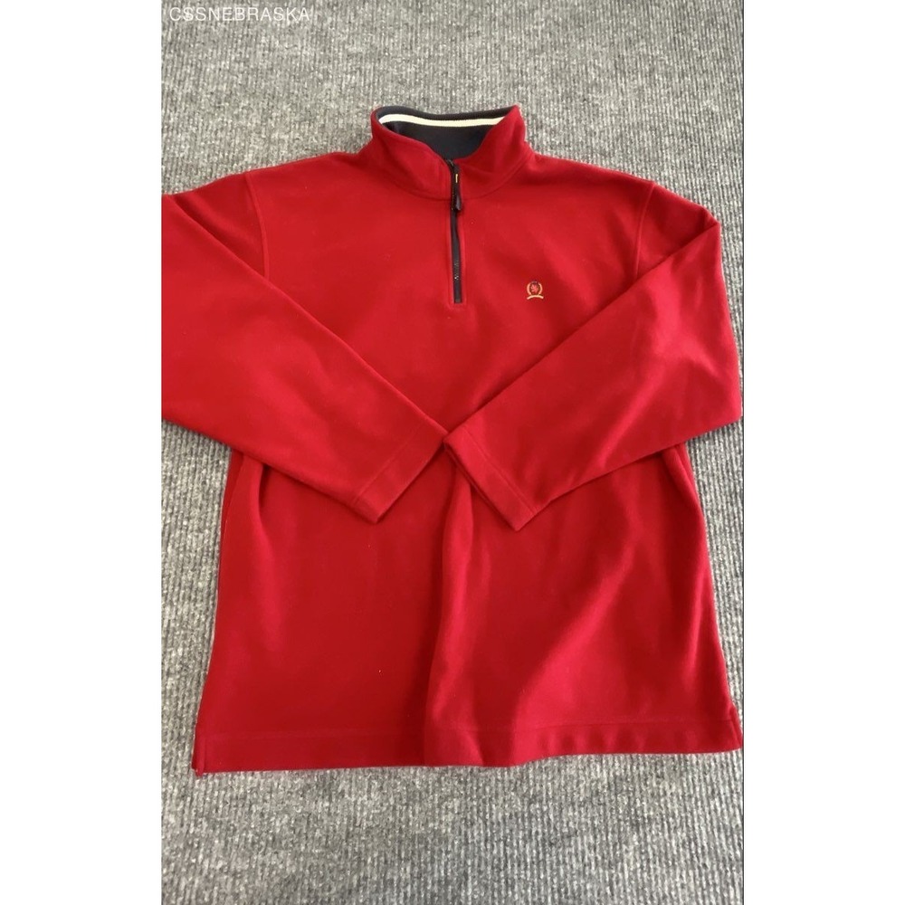 Vintage Y2K Tommy Hilfiger Men's Red 1/4‎ Zip Fleece Pullover Embroidered Crest